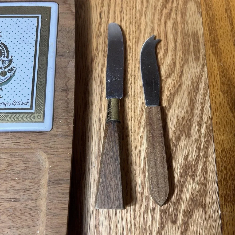 Vintage Georges Briard Cheese Board Set MCM Wood Tile Charcuterie w Knives